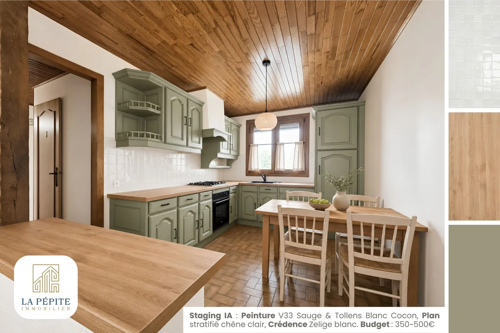 La même cuisine en projection : façades peintes en vert sauge, plan de travail chêne clair, crédence en zellige blanc, budget indiqué de 350 à 500 euros